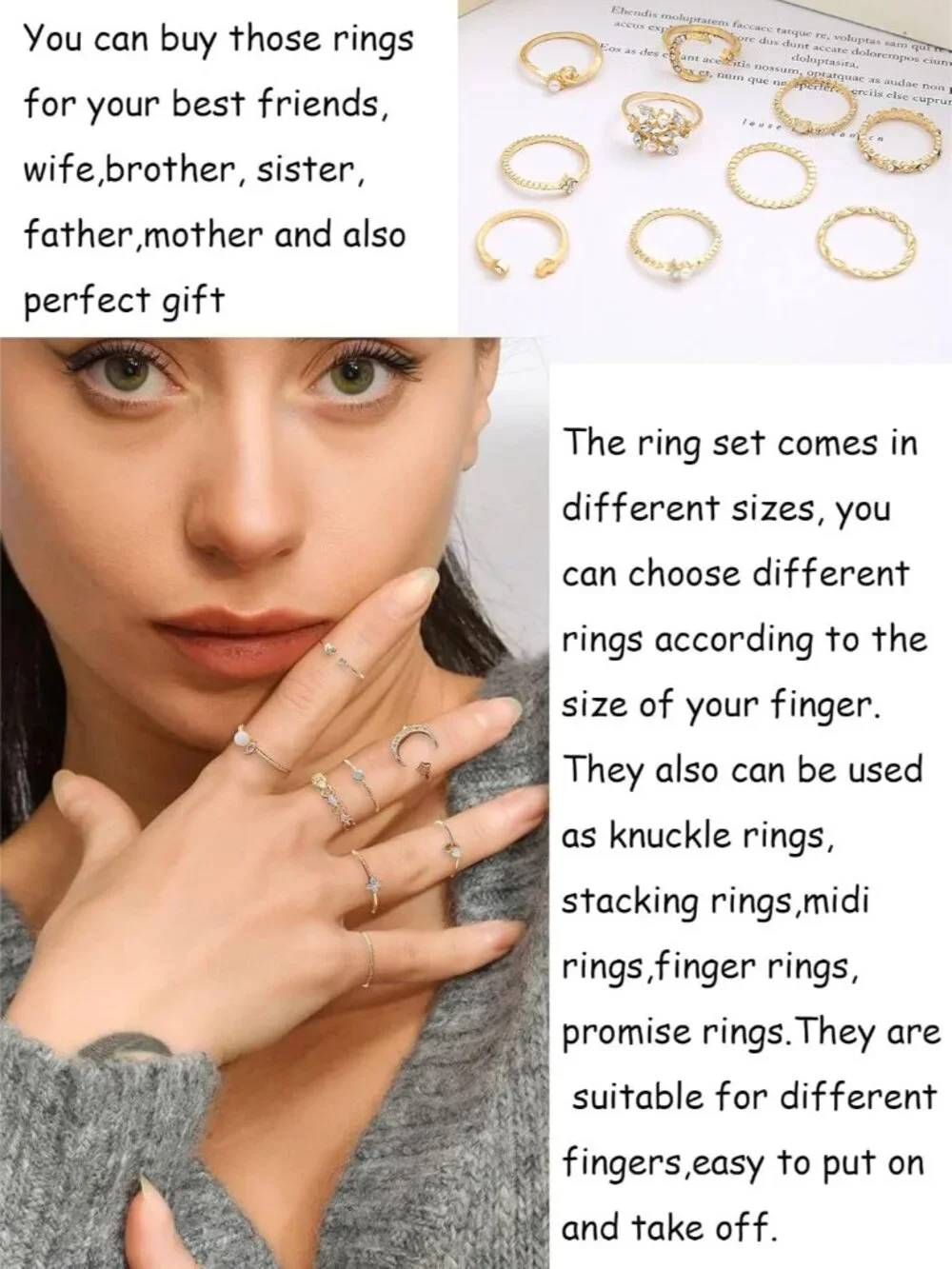 Gold Stackable Rings for Women Teen Girl Gifts Trendy Stuff Simple Star Moon Hea - Picture 8 of 9